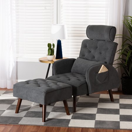 BAXTON STUDIO Haldis Modern Grey Velvet Upholstered and Walnut Brown Finished Wood 2-Piece Lounge Set 200-12446-ZORO